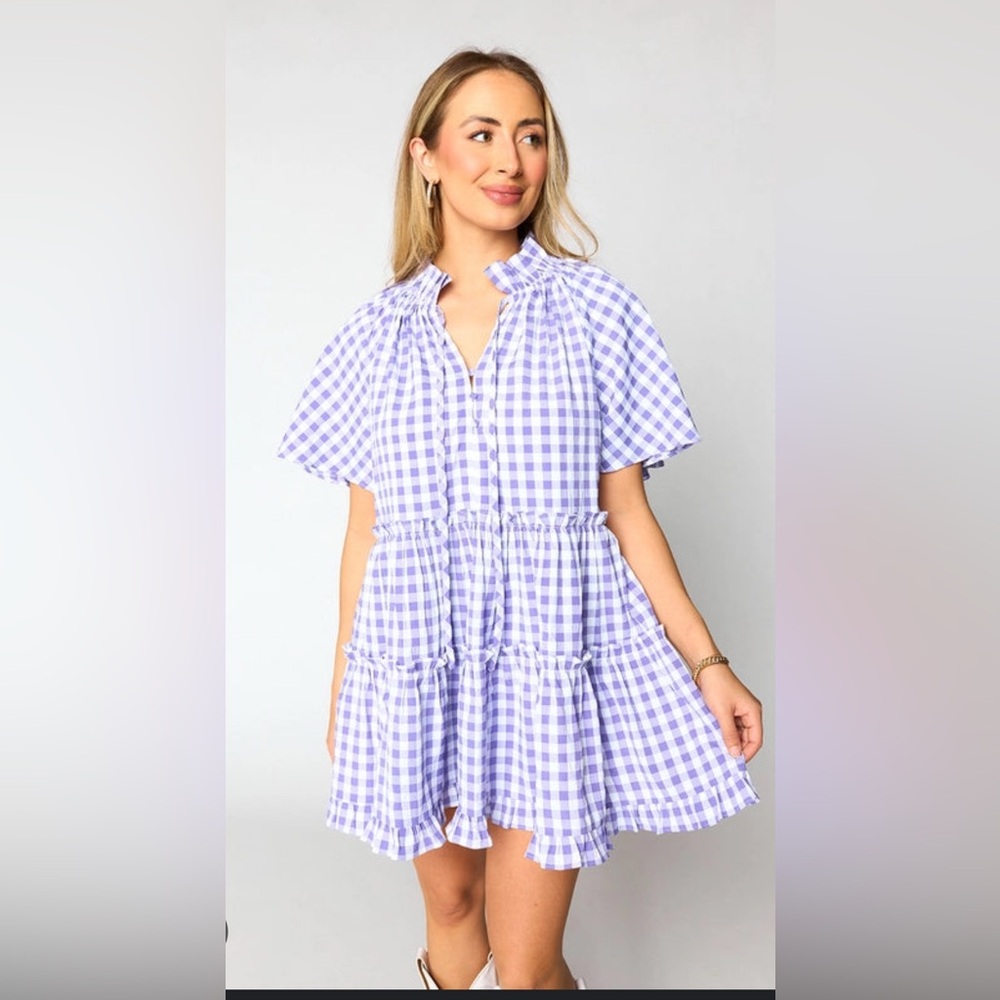 Buddy Love Lakin Lavender and White Flutter Sleeve Swing Mini Dress